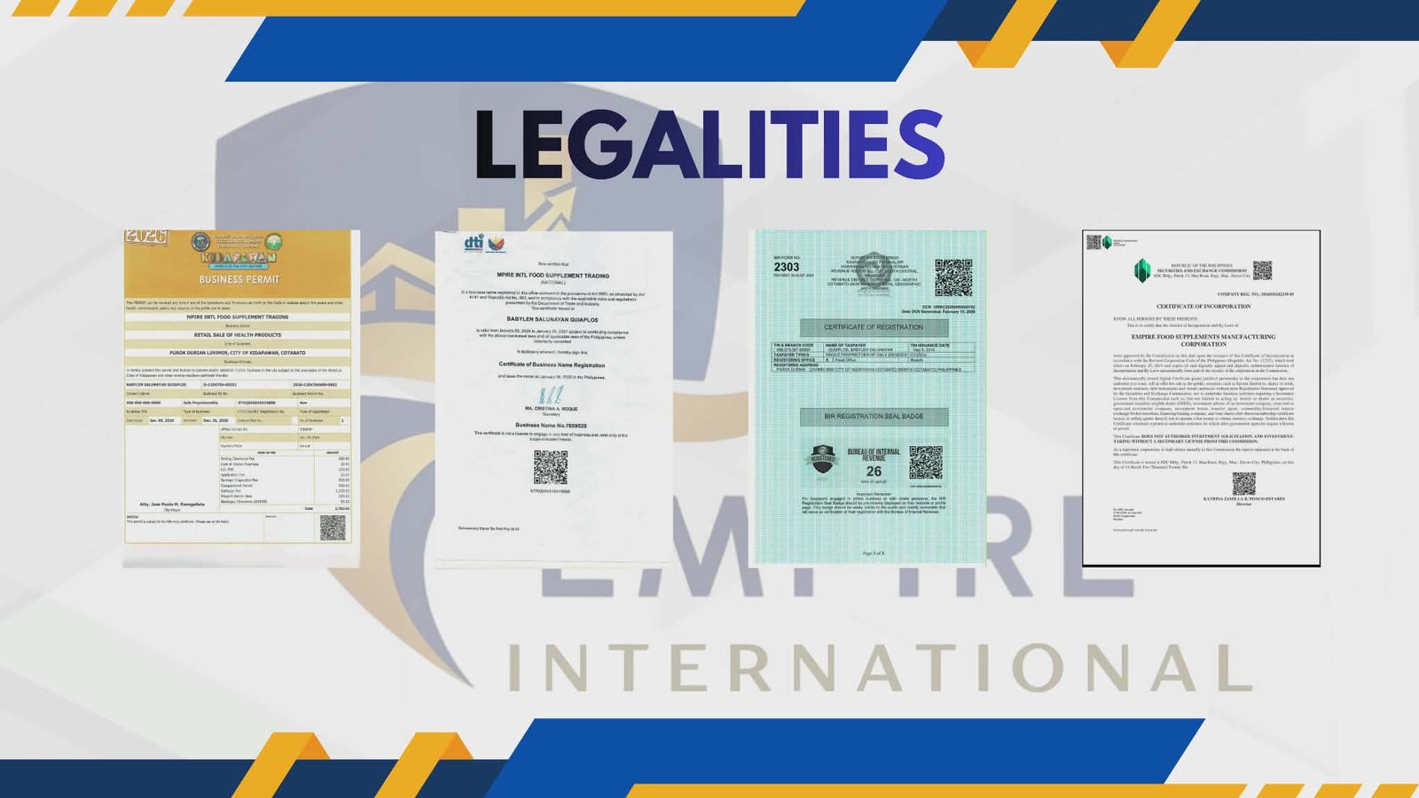 Empire International - Legalities (Business Permits & Certifications)